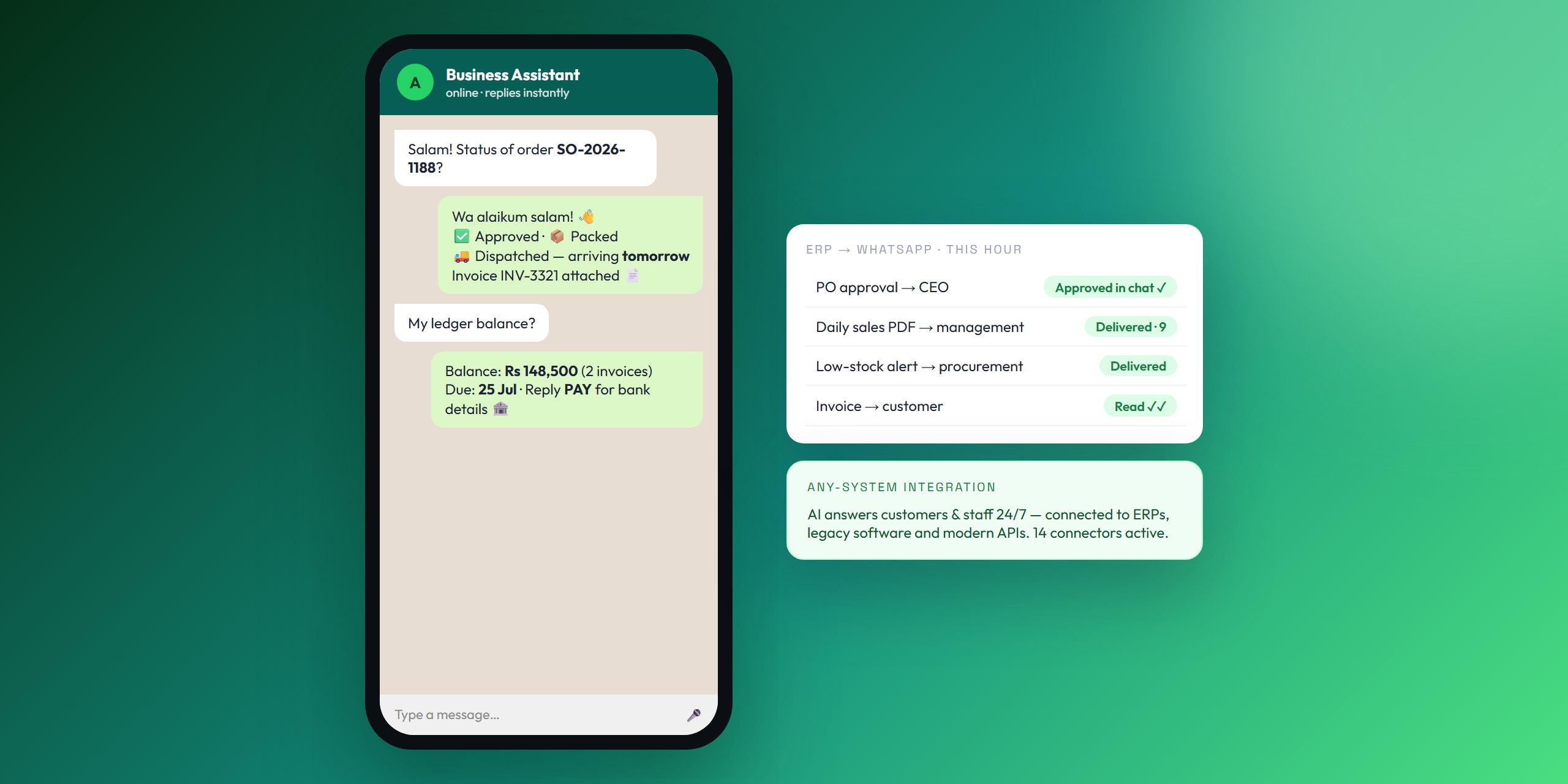 WhatsApp AI assistant answering order status from the ERP