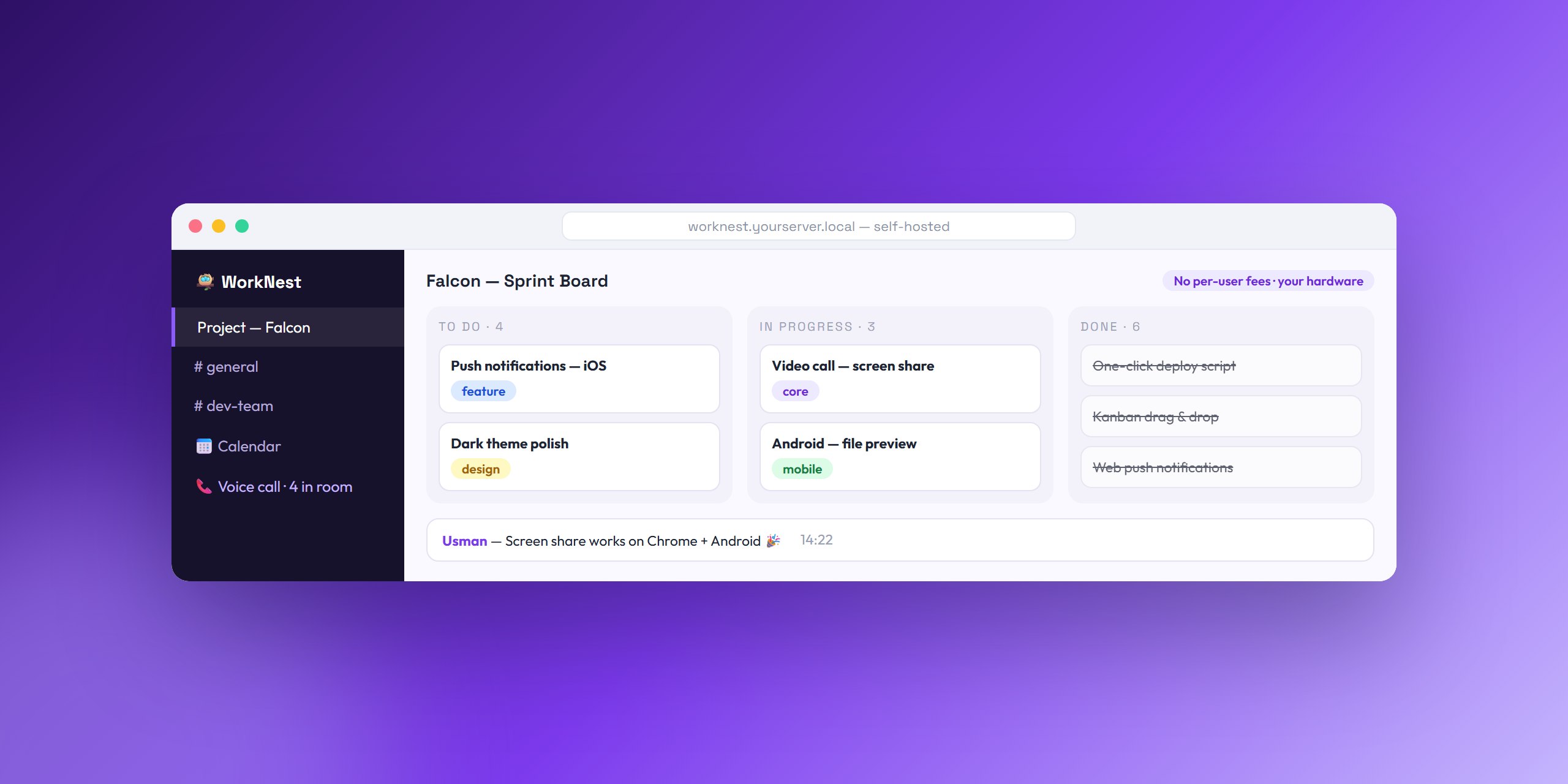 WorkNest team workspace with kanban board and team chat